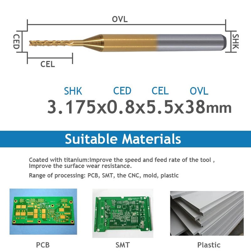 HOZLY 10Pcs 1/8'' Shank 0.8mm Titanium Coat Carbide End Mill Engraving Bits CNC Rotary Burrs Tool for PCB Mould Plastic Fiber Carbon Fiber Hardwood - Image 2